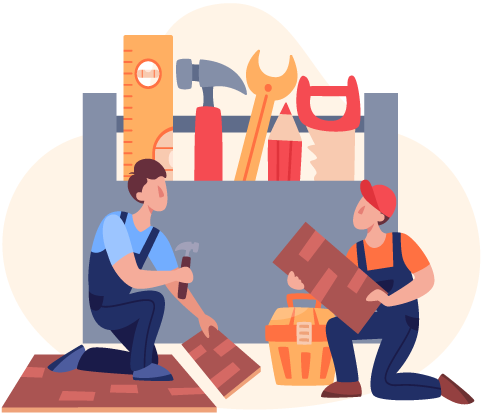 ilustración dos hombres poniendo suelo de madera con herramientas
